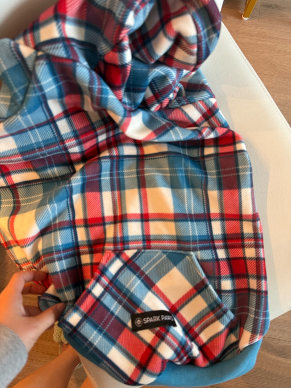 Spark Park Plaid Fleece Dog Hoodie in Blue & Red